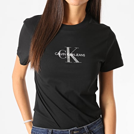 Calvin Klein - Tee Shirt Slim Femme Glitter Monogram 4787 Noir Argenté