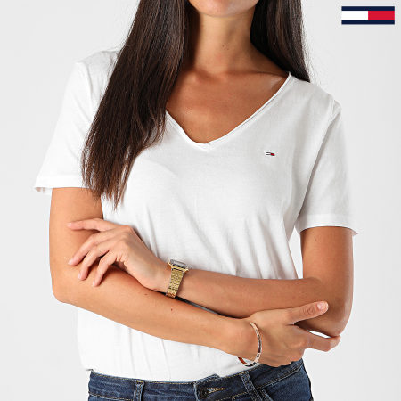 Tommy Jeans - Tee Shirt Slim Femme Col V Jersey 9195 Blanc