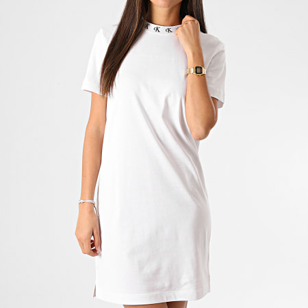 Calvin Klein - Robe Tee Shirt Femme CK Logo Trim 4925 Blanc