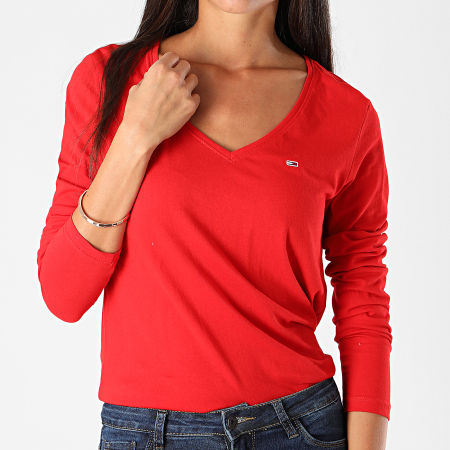 Tommy Jeans - Tee Shirt Femme Manches Longues Col V 9101 Rouge