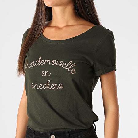 Only - Tee Shirt Femme Sille Mademoiselle Vert Kaki Doré