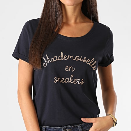 Only - Tee Shirt Femme Sille Mademoiselle Bleu Marine Doré