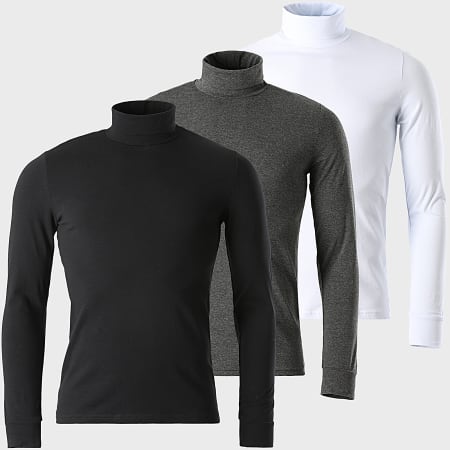 LBO - Lot De 3 Tee Shirt Col Roulé Manches Longues Uni 1340 Noir Gris Anthracite Blanc