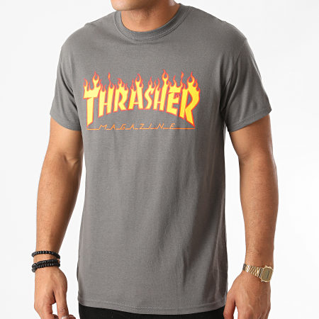 Thrasher - Camiseta con logo de llamas 110102 Gris