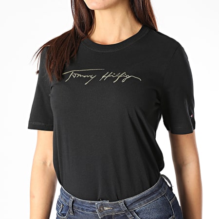 Tommy Hilfiger - Tee Shirt Femme Regular Open Embroidery Script 1087 Noir Doré