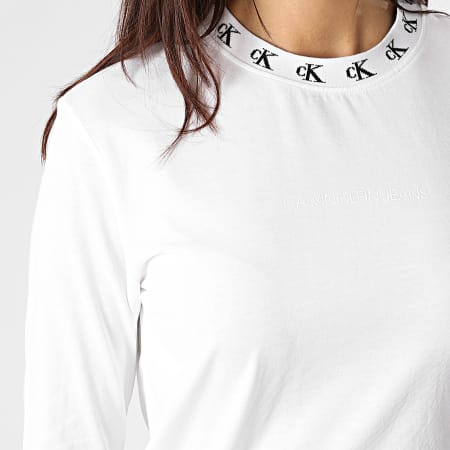 Calvin Klein - Tee Shirt Manches Longues Femme CK Logo Trim 4994 Blanc