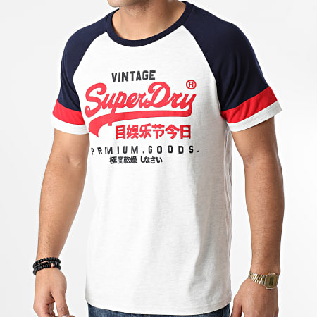 Superdry - Tee Shirt VL Tri Colour Raglan M1000062A Gris Clair Chiné Bleu Marine