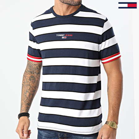 Tommy Jeans - Tee Shirt A Rayures Small Text Stripe 9403 Bleu Marine Blanc