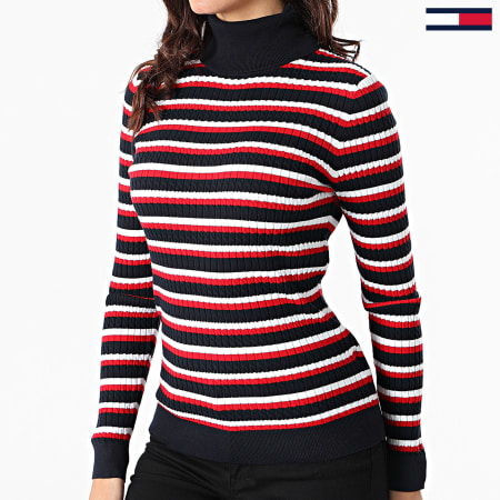Tommy Hilfiger - Pull Col Roulé Femme A Rayures Essential Cable 9297 Bleu Marine Blanc Rouge