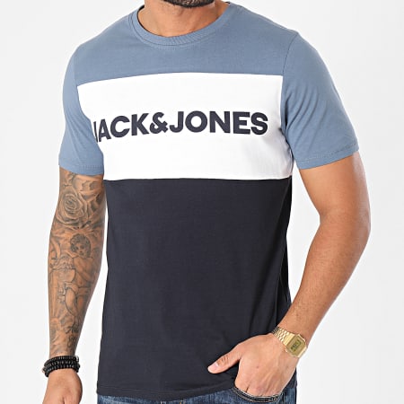 Jack And Jones - Tee Shirt Logo Blocking Bleu Marine Blanc Bleu