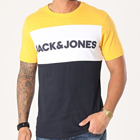 Jack And Jones - Tee Shirt Logo Blocking Bleu Marine Blanc Jaune