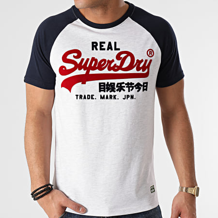 Superdry - Tee Shirt Vintage Logo Duo Raglan M1010998A Blanc Chiné Bleu Marine