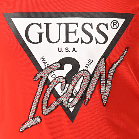 Guess - Tee Shirt Manches Longues Femme Col V A Strass W1RI52-I3Z00 Rouge