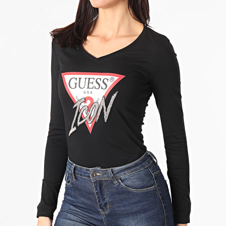 Guess - Tee Shirt Manches Longues Femme Col V A Strass W1RI52-I3Z00 Noir