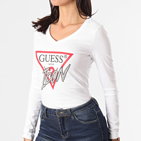 Guess - Tee Shirt Manches Longues Femme Col V A Strass W1RI52-I3Z00 Blanc