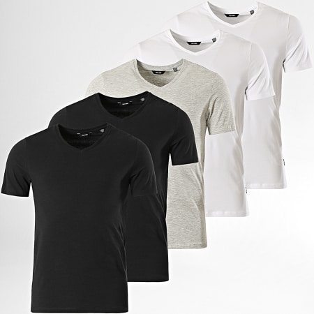 Only And Sons - Lot De 5 Tee Shirts Col V Basic Life Blanc Noir Gris Chiné