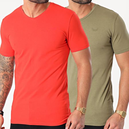 Kaporal - Lot De 2 Tee Shirts Col V Gift Vert Kaki Rouge
