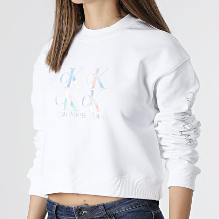 Calvin Klein - Sweat Crewneck Crop Femme Shine Logo 5575 Blanc