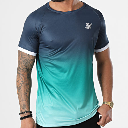 SikSilk - Tee Shirt Dégradé Straigh Hem Fade Tech Bleu Marine Vert