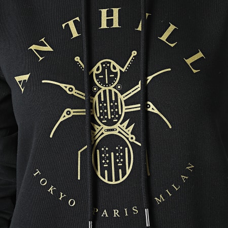 Anthill - Vestido de mujer con capucha y logo negro dorado
