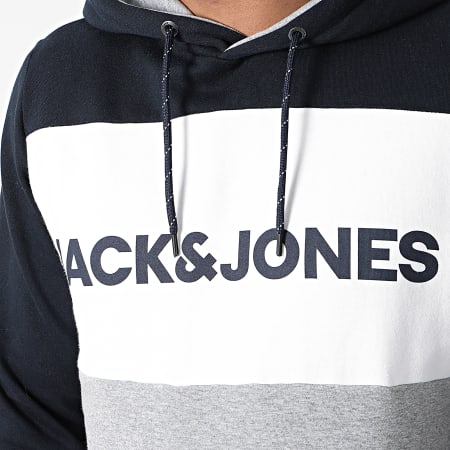 Jack And Jones - Sudadera Con Capucha Logo Blocking Azul Marino Gris Jaspeado Blanco