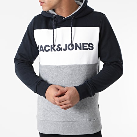 Jack And Jones - Sweat Capuche Logo Blocking Bleu Marine Gris Chiné Blanc