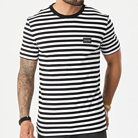Calvin Klein - Tee Shirt A Rayures Chest Logo Stripe 7288 Noir Blanc