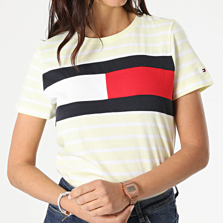 Tommy Hilfiger - Tee Shirt Femme A Rayures ABO Flag 2439 Jaune Clair Blanc