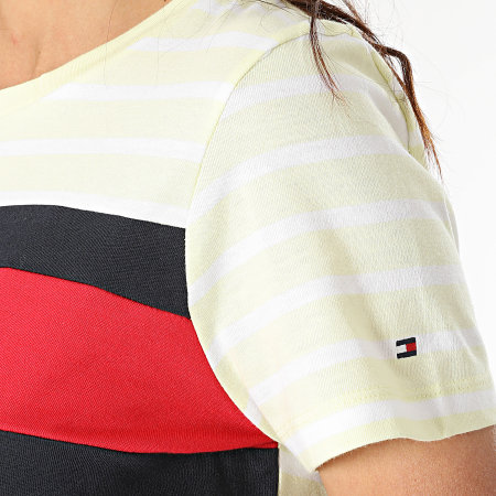 Tommy Hilfiger - Tee Shirt Femme A Rayures ABO Flag 2439 Jaune Clair Blanc