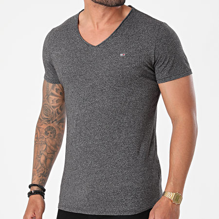 Tommy Jeans - Tee Shirt Oversize Col V Slim Jaspe 9587 Gris Anthracite Chiné