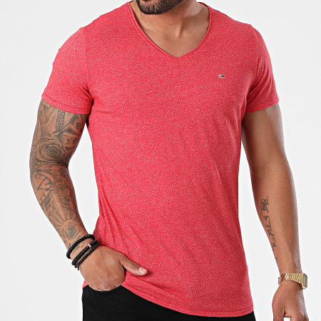 Tommy Jeans - Tee Shirt Oversize Col V Slim Jaspe 9587 Rouge Chiné