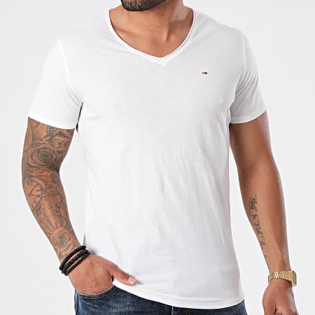 Tommy Jeans - Tee Shirt Oversize Col V Slim Jaspe 9587 Blanc