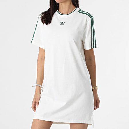 Adidas Originals - Robe Tee Shirt A Bandes Femme H56457 Blanc Cassé Vert
