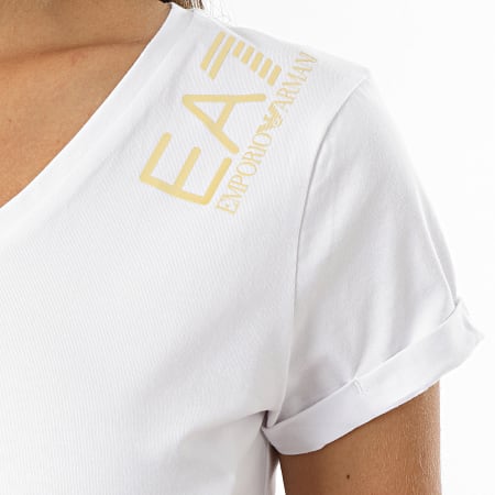 EA7 Emporio Armani - Tee Shirt Femme Col V 3KTT14-TJ29Z Blanc Doré
