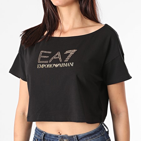 EA7 Emporio Armani - Tee Shirt Crop Femme Strass 3KTT03-TJ28Z Noir Doré