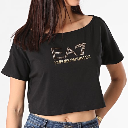 EA7 Emporio Armani - Tee Shirt Crop Femme Strass 3KTT03-TJ28Z Noir Doré