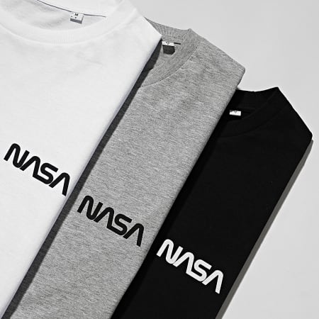 NASA - Set di 3 magliette con logo sul petto nero, bianco, grigio, grigio scuro