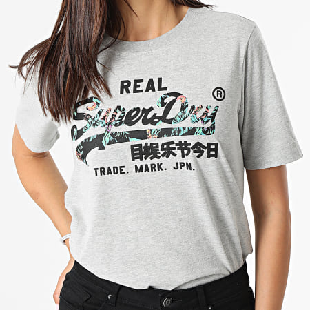 Superdry - Tee Shirt Manches Longues Femme Vintage Label Infill Gris Chiné