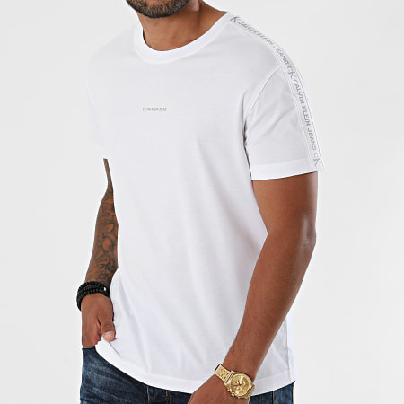 Calvin Klein - Tee Shirt A Bandes Logo Jacquard Shoulder 8456 Blanc