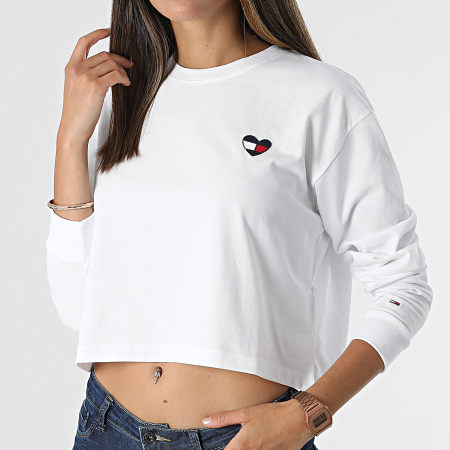 Tommy Jeans - Tee Shirt Manches Longues Crop Femme Homespun Heart 10358 Blanc