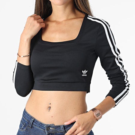 Adidas Originals - Camiseta corta de manga larga para mujer con rayas H37765 Negro