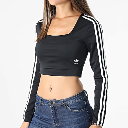 Adidas Originals - Tee Shirt Manches Longues Crop Femme A Bandes H37765 Noir