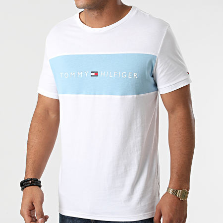Tommy Hilfiger - Tee Shirt CN Logo Flag 1170 Blanc Bleu Ciel