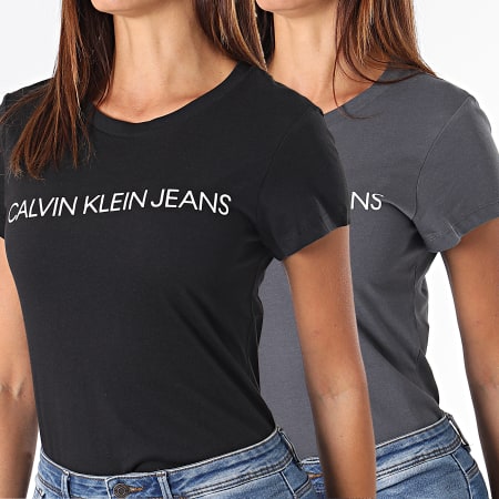 Calvin Klein - Lot De 2 Tee Shirts Femme Institutional Logo 6466 Noir Gris Anthracite