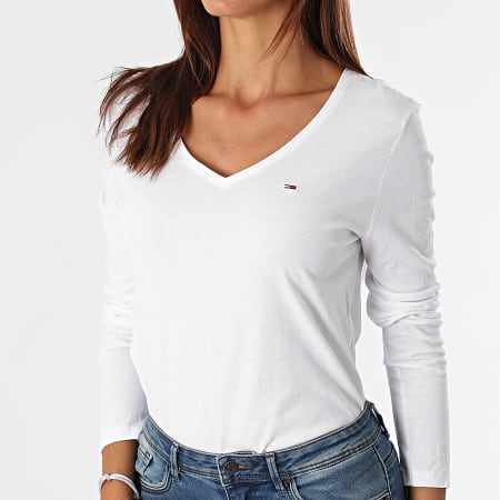 Tommy Jeans - Tee Shirt Manches Longues Femme Jersey V Neck 9101 Blanc