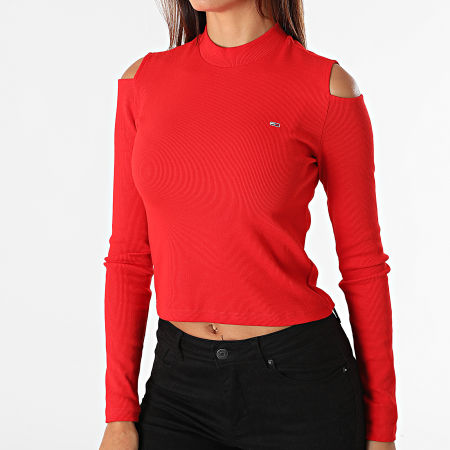 Tommy Jeans - Tee Shirt Manches Longues Femme Crop Rib 1038 Rouge