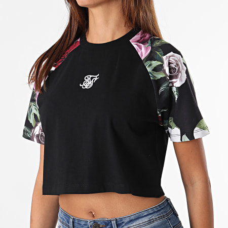SikSilk - Tee Shirt Femme Crop Floral Pixel Noir