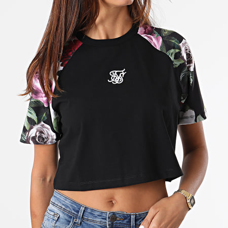 SikSilk - Tee Shirt Femme Crop Floral Pixel Noir
