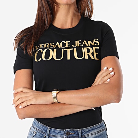 Versace Jeans Couture - Tee Shirt Femme Logo Foil Noir Doré