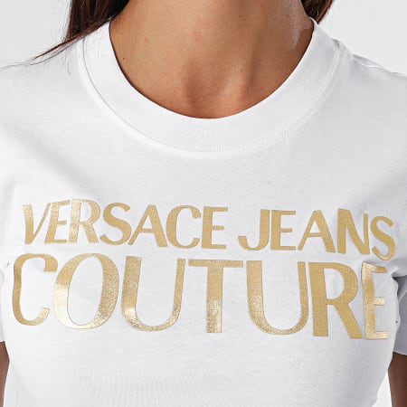Versace Jeans Couture - Tee Shirt Femme Logo Foil Blanc Doré